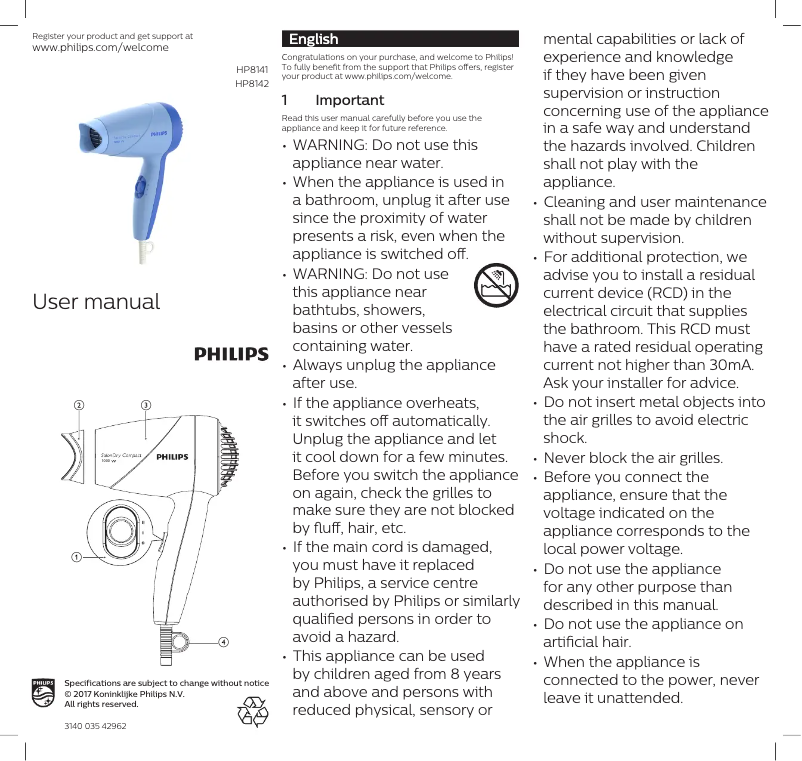First page image of the manual for SalonDry HP8141