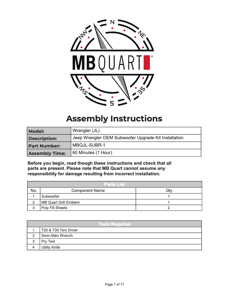 First page image of the manual for MBQJL-SUBR-1