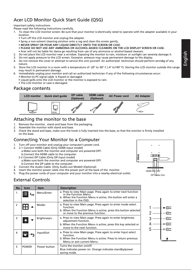 Page 1 of the manual Quick Start Guide Acer EG220QP