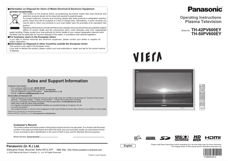 First page image of the manual for TH-42PV600EY
