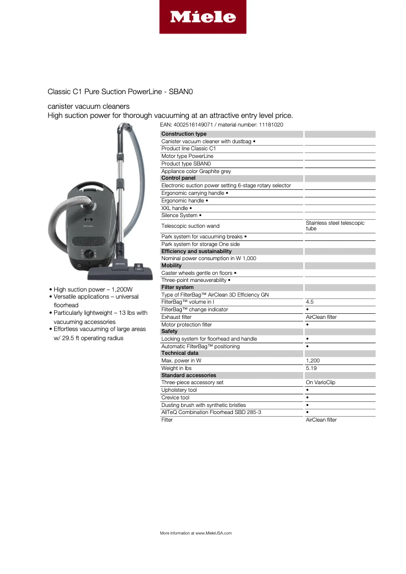 Page 1 of the manual Technical Sheet Miele Classic C1 Pure Suction