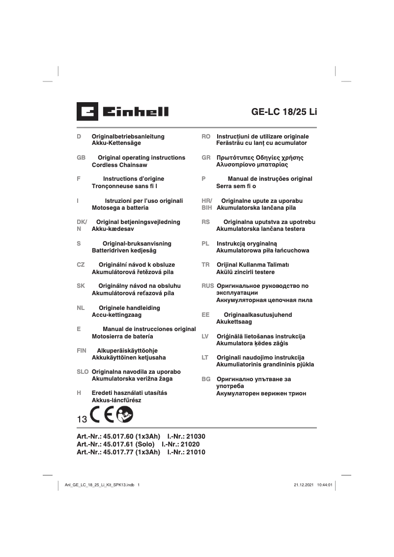 Page 1 of the manual User Manual Einhell GE-LC 18/25 Li
