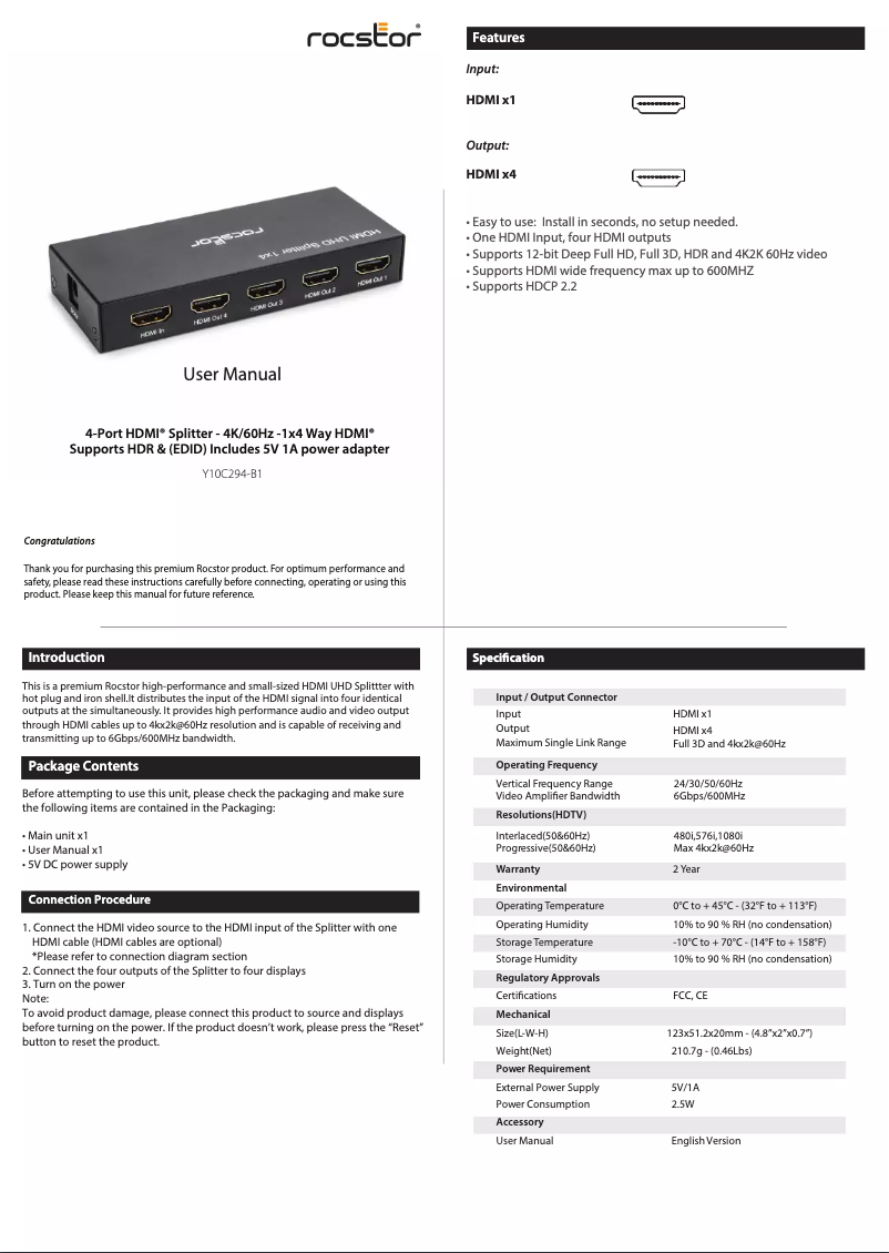 Page 1 of the manual User Manual Rocstor Y10C294-B1