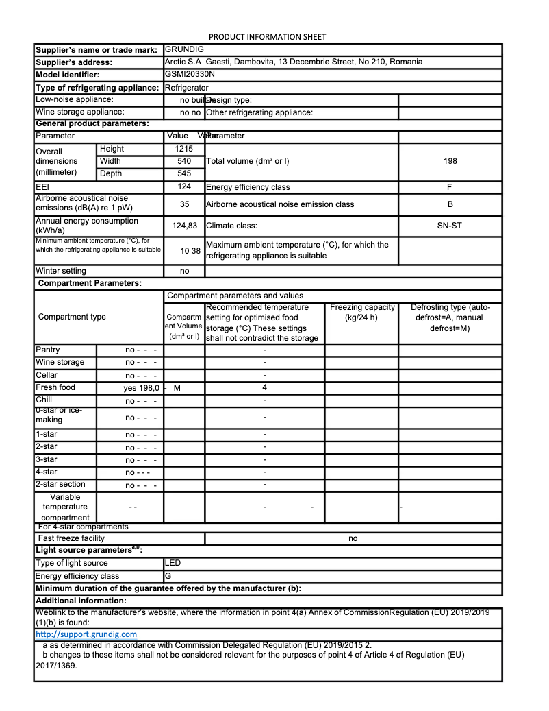 Page 1 of the manual Technical Sheet Grundig GSMI20330N