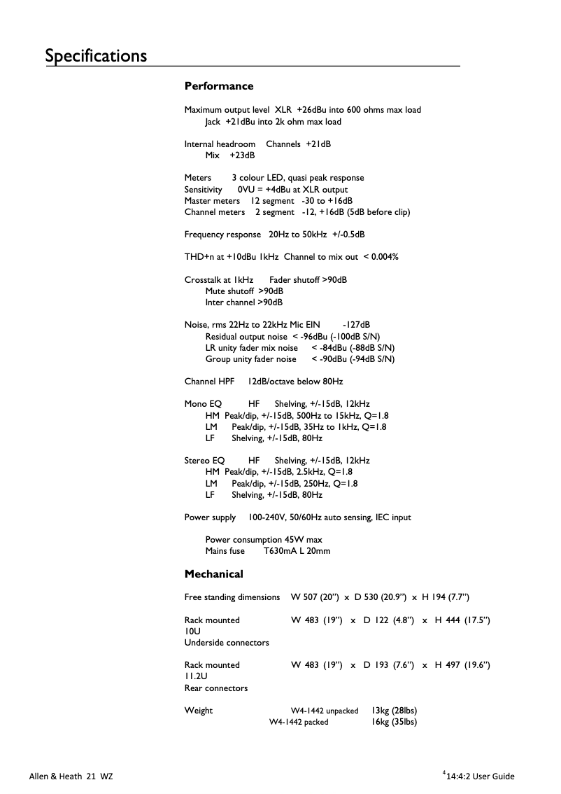 Page 1 de la notice Fiche technique Allen & Heath MIXWIZARD WZ4 14:4:2