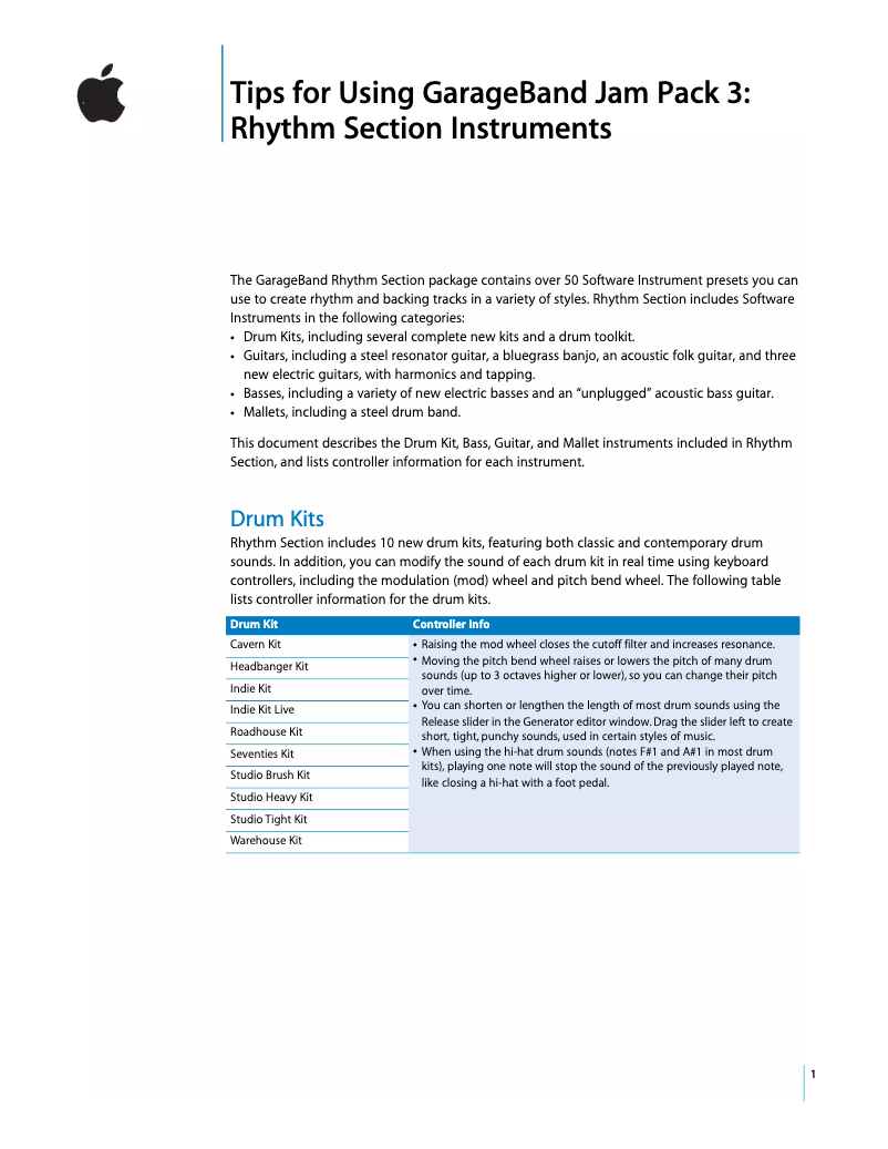 First page image of the manual for GarageBand Jam Pack 3: Rhythm Section Instruments