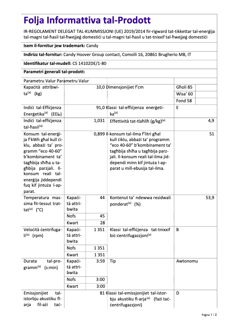 Page 1 of the manual Technical Sheet Candy CS 14102DE/1-80