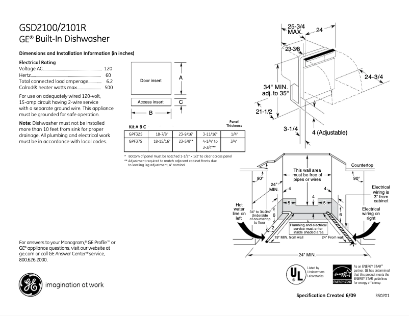 Page 1 of the manual Technical Sheet GE GSD2100RBB