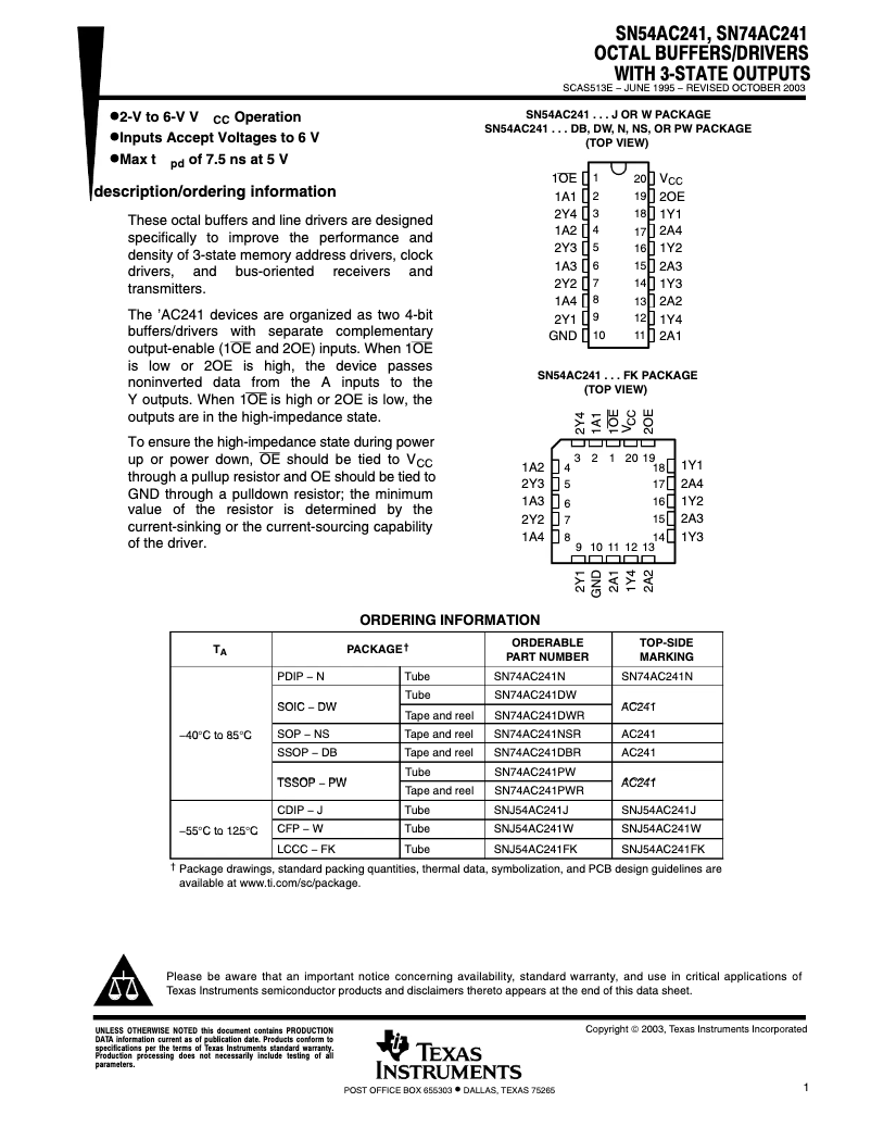 First page image of the manual for SN74AC241PWR