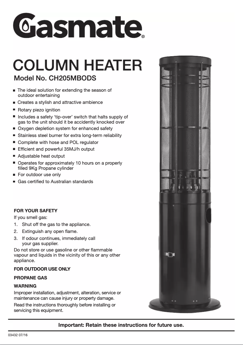Page 1 of the manual User Manual Gasmate Column Outdoor CH205MB