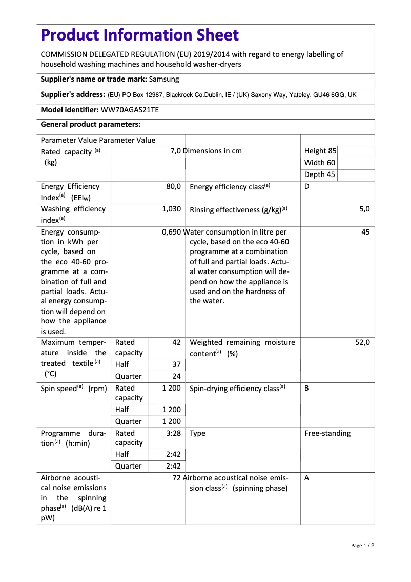 Page 1 of the manual User Manual Samsung WW70AGAS21TE
