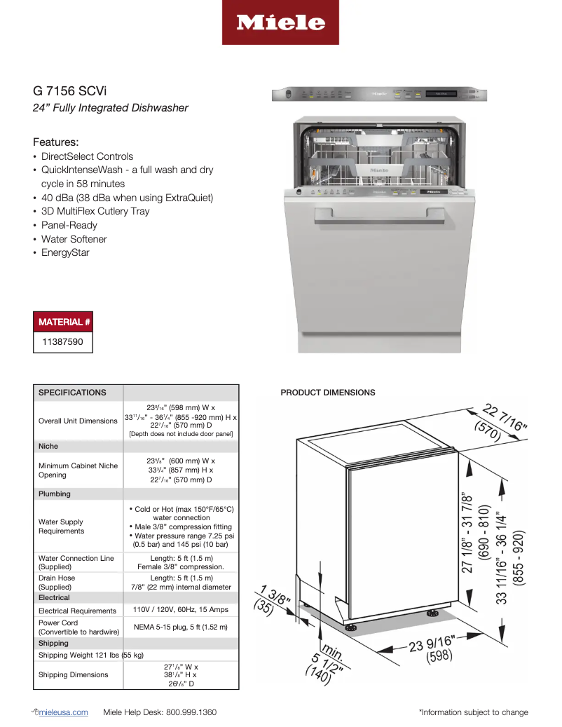 Page 1 of the manual Technical Sheet Miele G 7156 SCVi SF