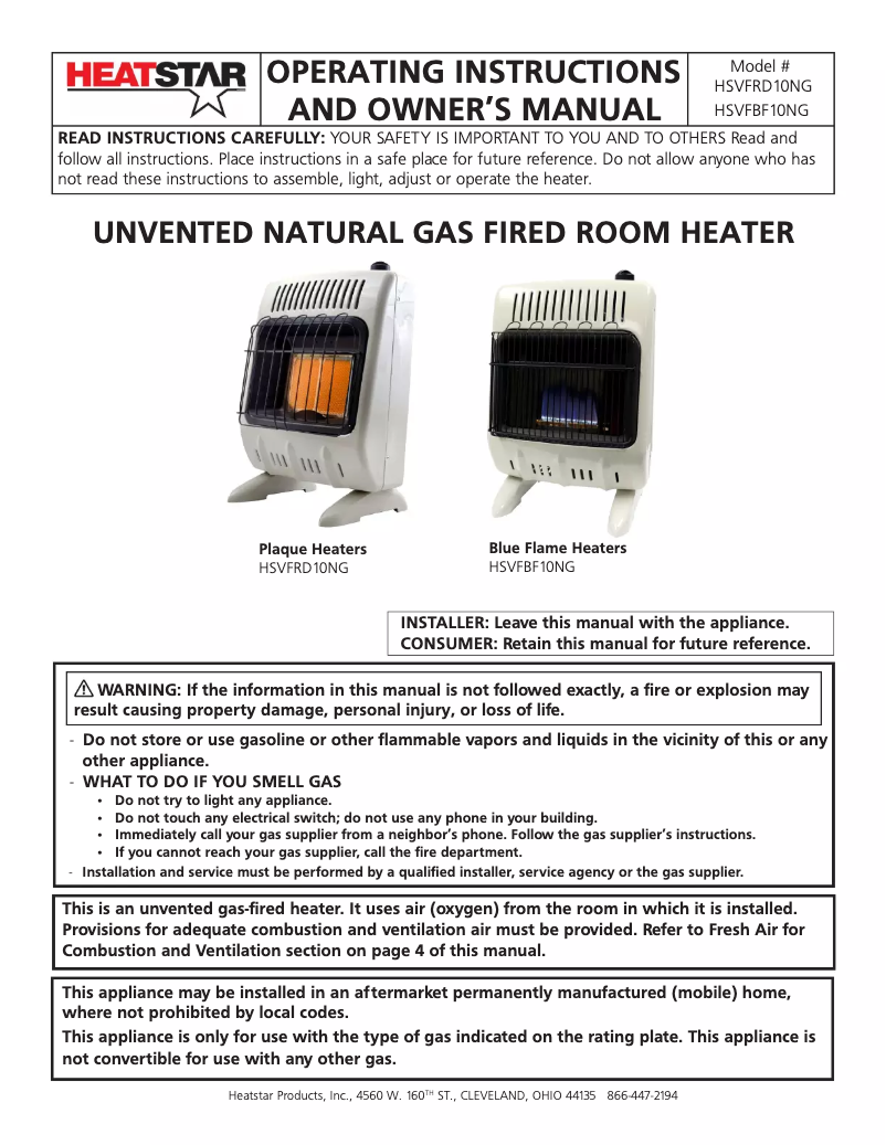Page 1 of the manual User Manual HeatStar HSVFBF10NG
