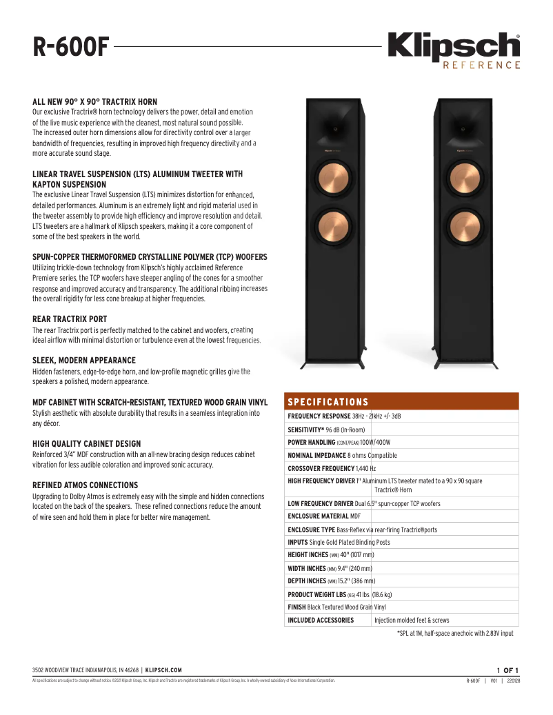 Page 1 of the manual Technical Sheet Klipsch R-600F
