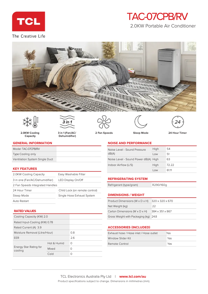 Page 1 of the manual Technical Sheet TCL TAC-07CPB/RV