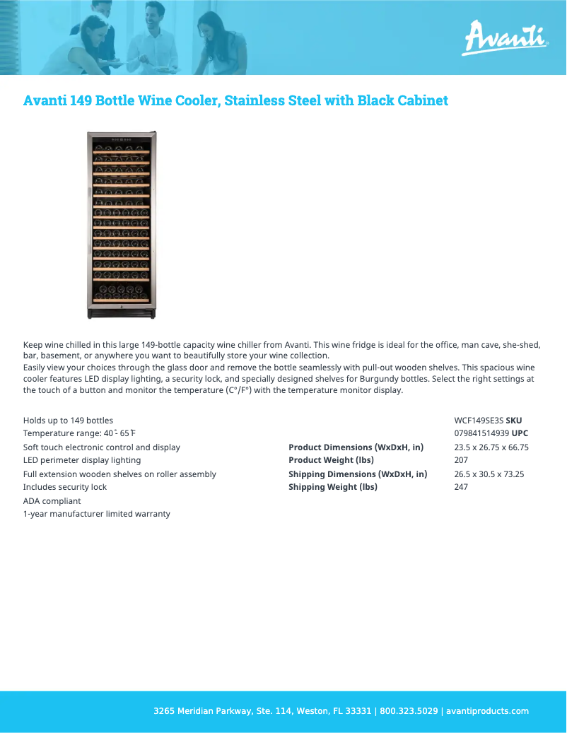 Page 1 of the manual Technical Sheet Avanti WCF149SE3S