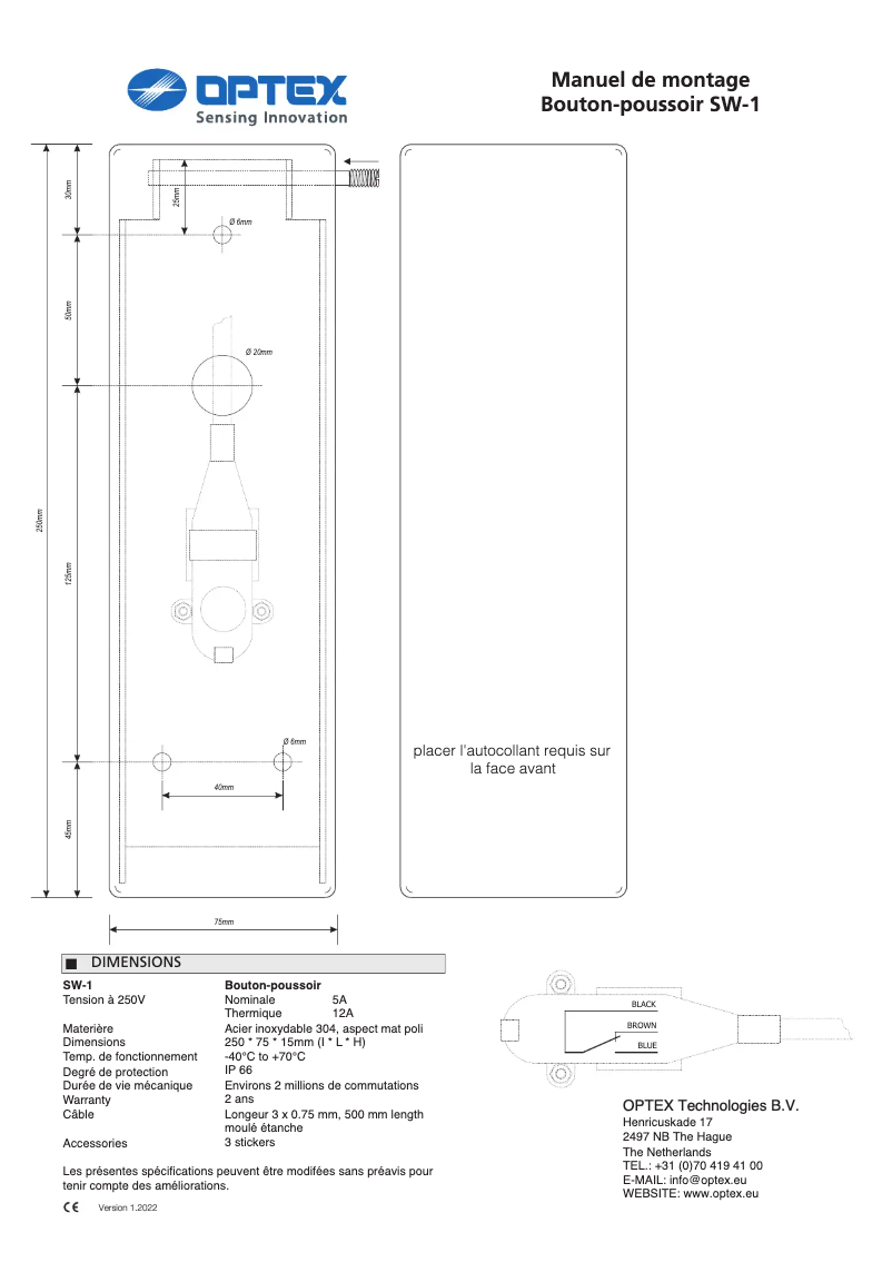 Page 1 of the manual User Manual Optex SW-2