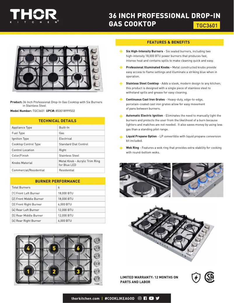 Page 1 of the manual Technical Sheet Thor TGC3601