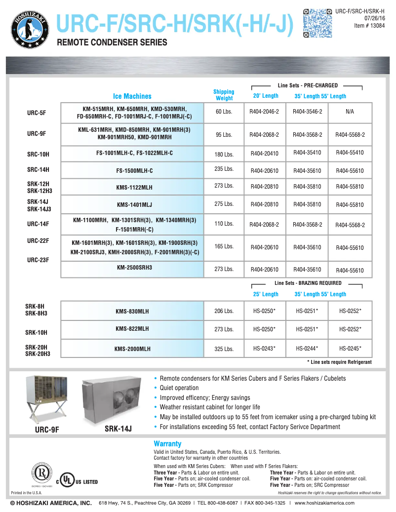 Page 1 of the manual Technical Sheet Hoshizaki URC-9F