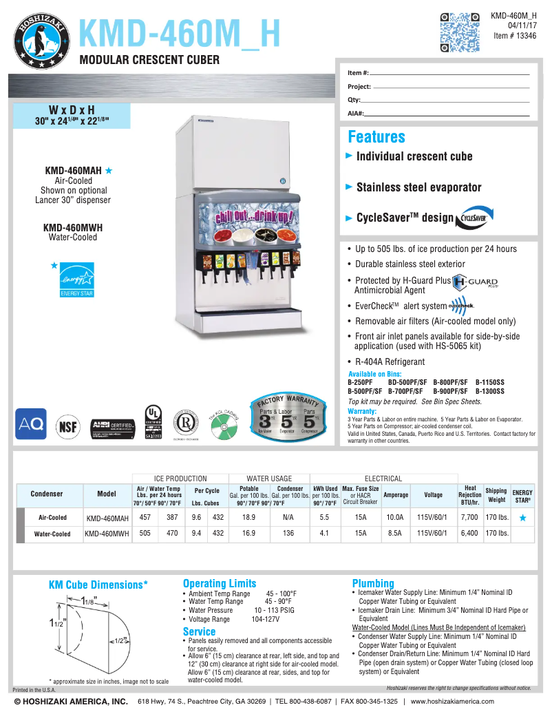 Page 1 of the manual Technical Sheet Hoshizaki KMD-460MWH