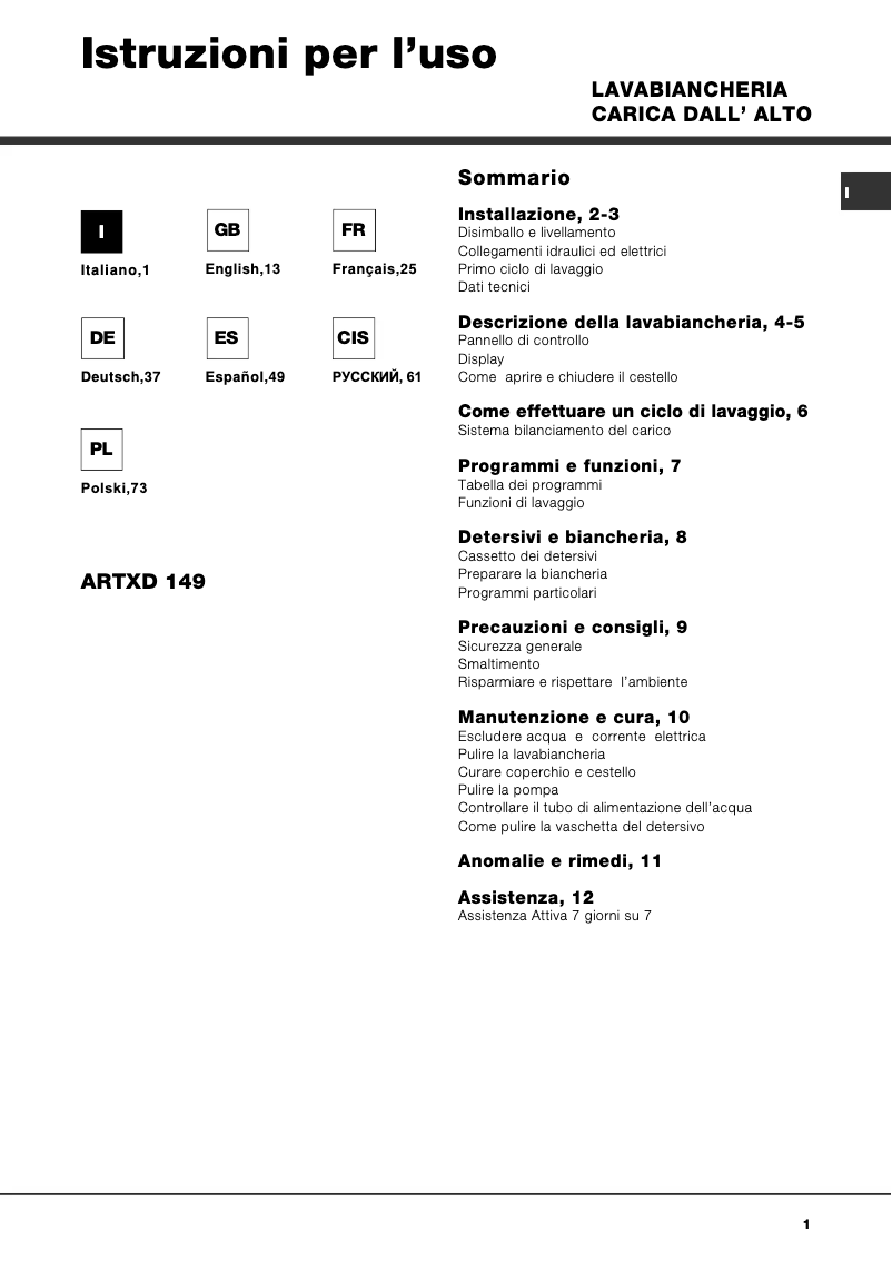 Page 1 of the manual User Manual Hotpoint Ariston ARTXD 149 EU