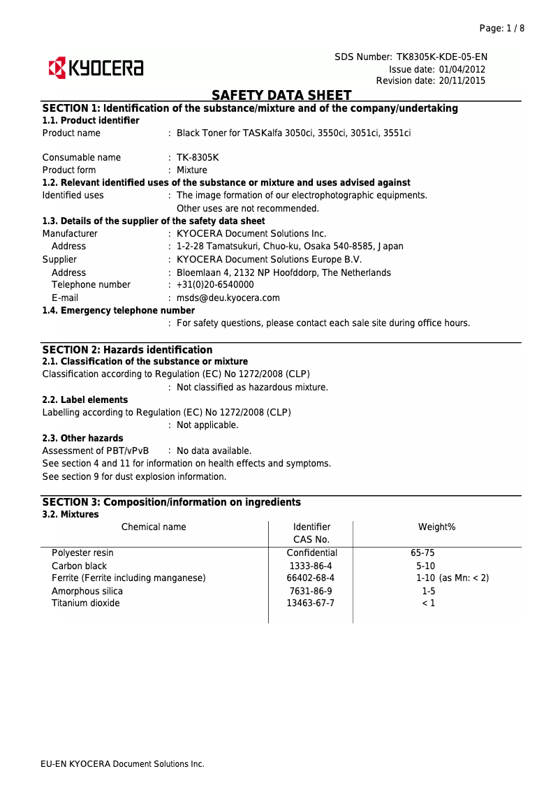 Page 1 of the manual Safety Instructions Kyocera TASKalfa 3551ci