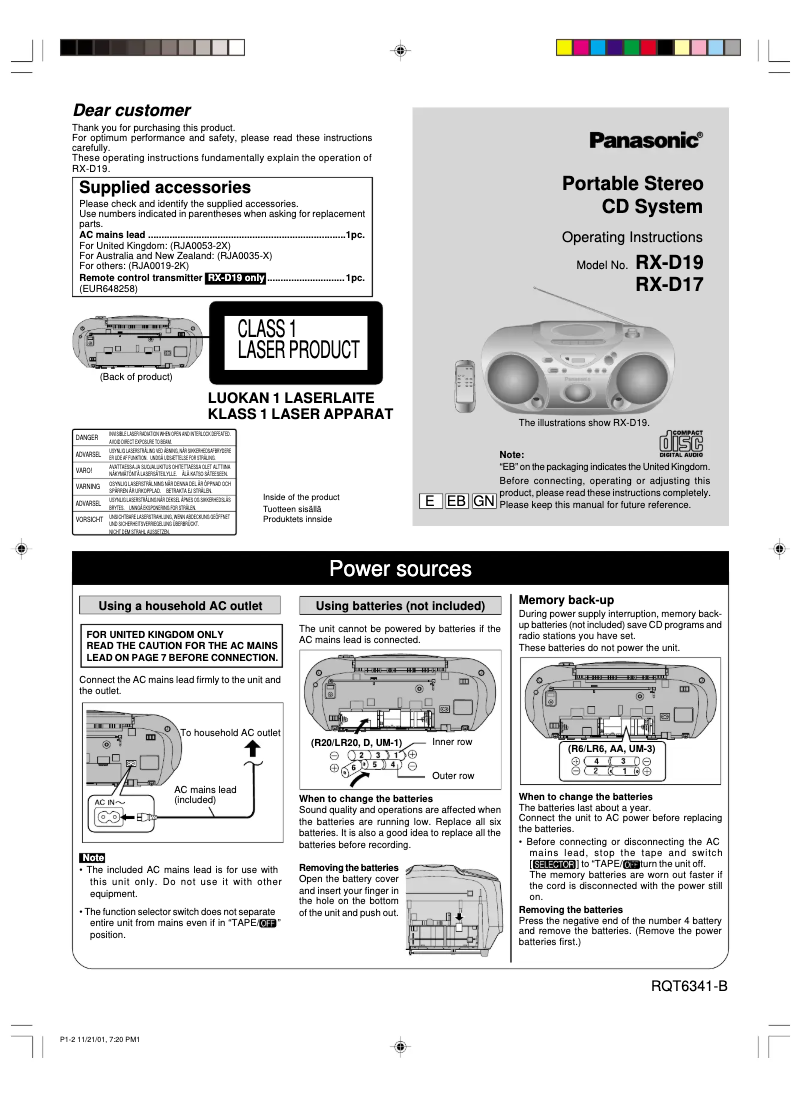 Page 1 of the manual User Manual Panasonic RX-D17