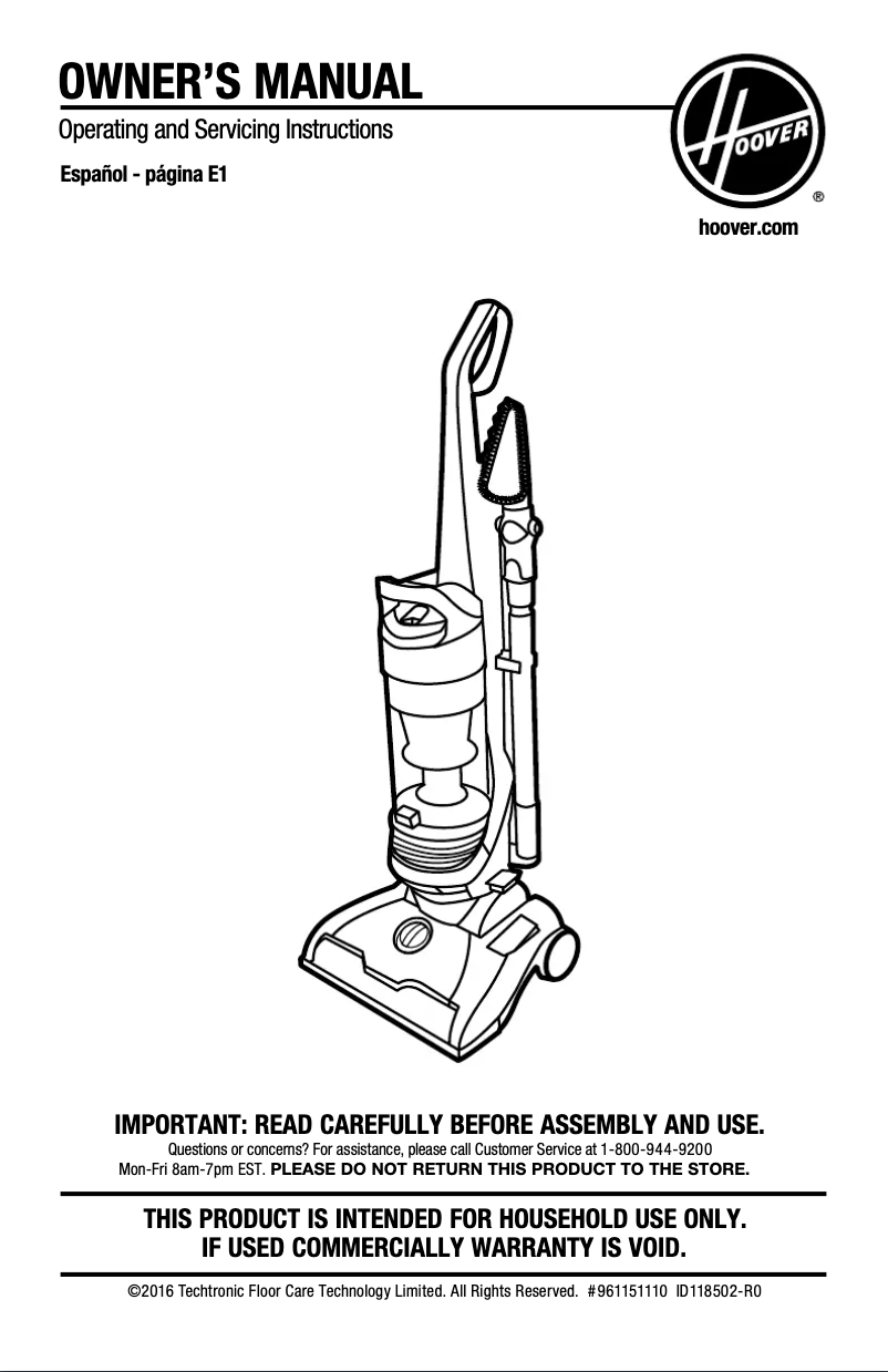 Page 1 of the manual User Manual Hoover WindTunnel 2 Whole House UH71250