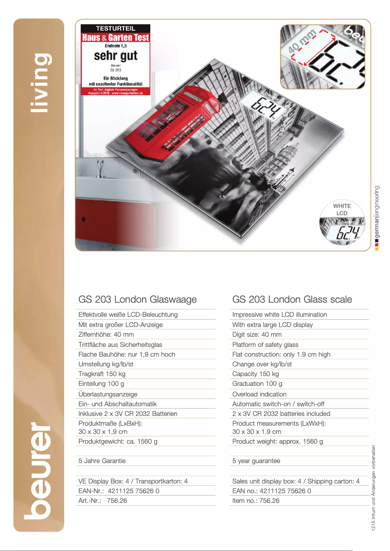 Page 1 of the manual Technical Sheet Beurer GS 203