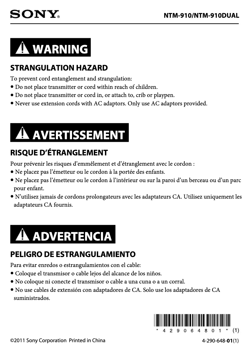 Page 1 of the manual Safety Instructions Sony NTM-910DUAL