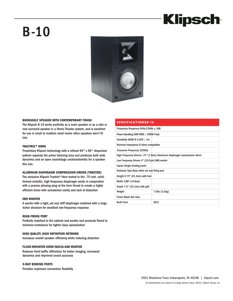 Page 1 of the manual Technical Sheet Klipsch B-10