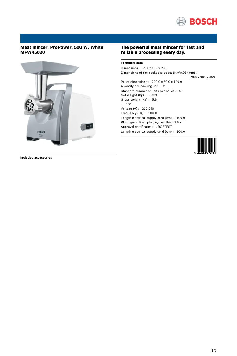 First page image of the manual for MFW45020