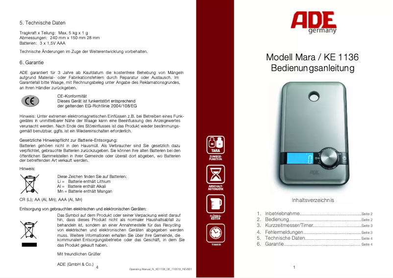 First page image of the manual for Mara KE 1138