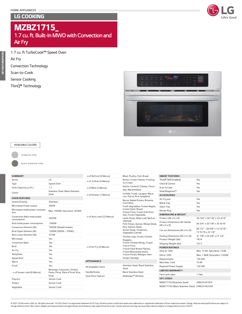 First page image of the manual for MZBZ1715S