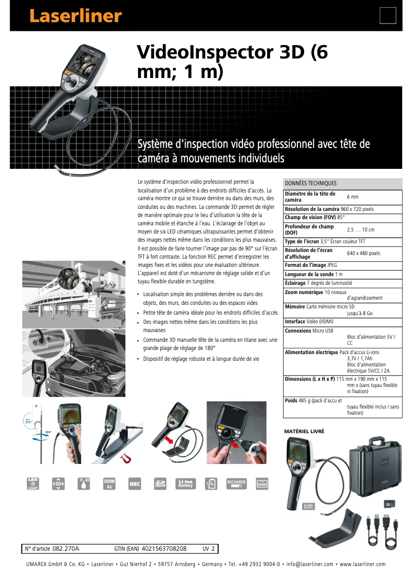 Page 1 of the manual Technical Sheet Laserliner VideoInspector 3D