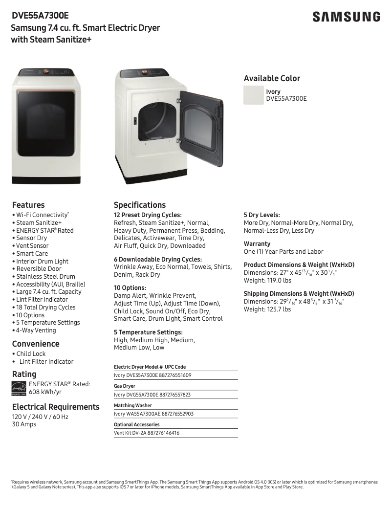 Page 1 of the manual Technical Sheet Samsung DVE55A7300E