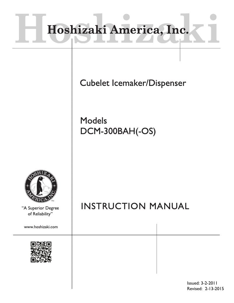 Page 1 of the manual Use and Maintenance Manual Hoshizaki DCM-300BAH-OS