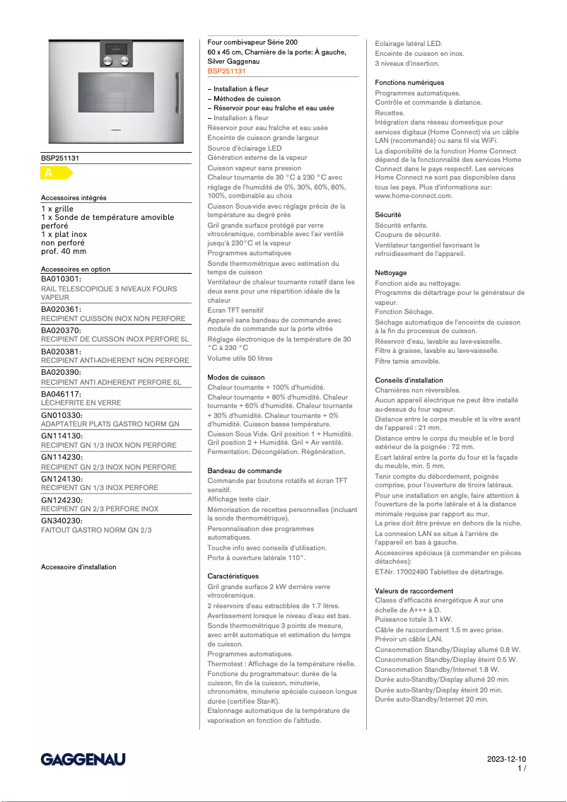 Page 1 of the manual Technical Sheet Gaggenau BSP251131