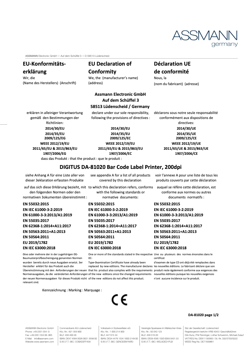 Page 1 of the manual Technical Sheet Digitus DA-81020