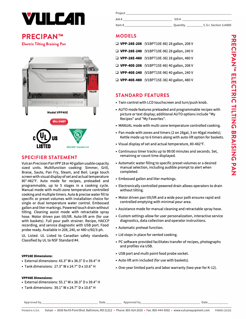 Page 1 of the manual Technical Sheet Vulcan VPP28