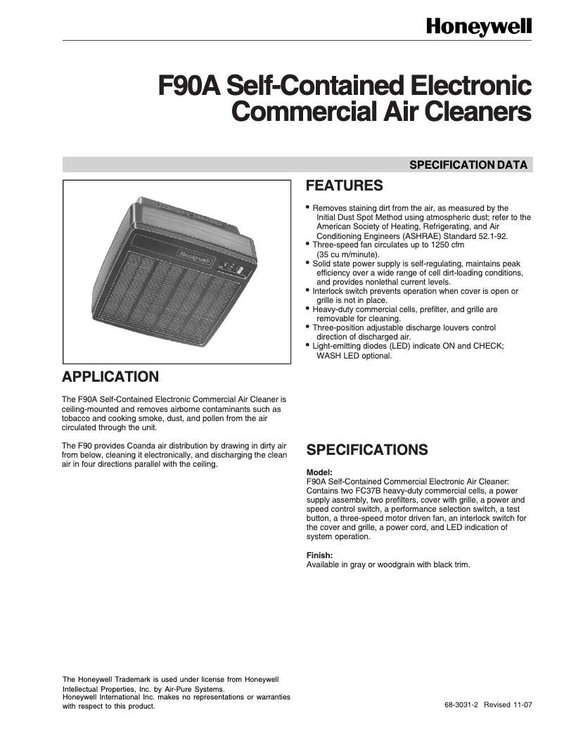 Page 1 of the manual Technical Sheet Honeywell F90A1050