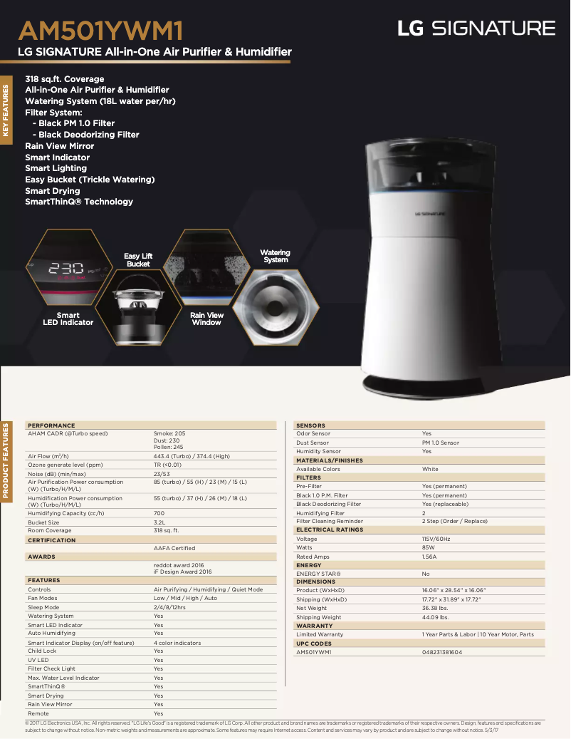 Page 1 of the manual Technical Sheet LG Signature AM501YWM1