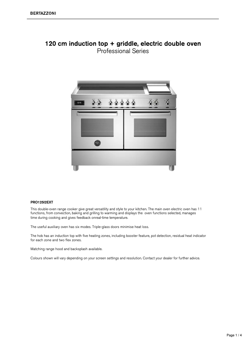 Page 1 of the manual Technical Sheet Bertazzoni PRO125I2EXT