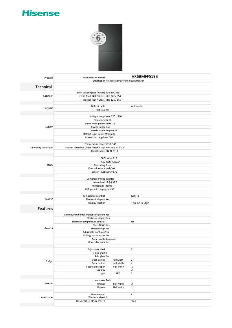 Page 1 of the manual Technical Sheet Hisense HR6BMFF519B