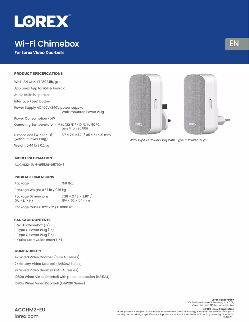Page 1 of the manual Technical Sheet Lorex ACCHM2-B