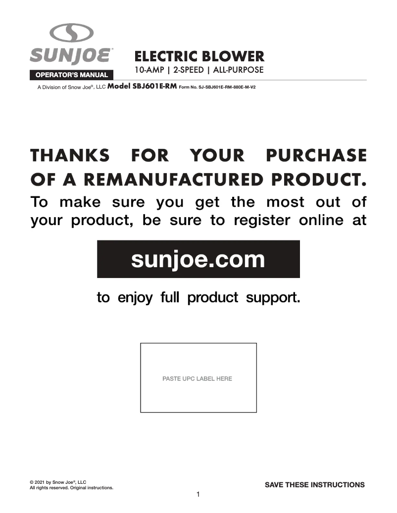 Page 1 of the manual User Manual Sun Joe SBJ601E-RM