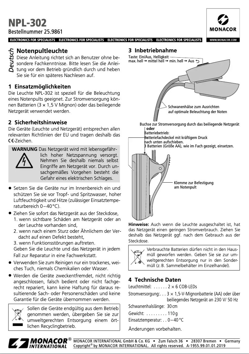 Page 1 of the manual User Manual Monacor NPL-302