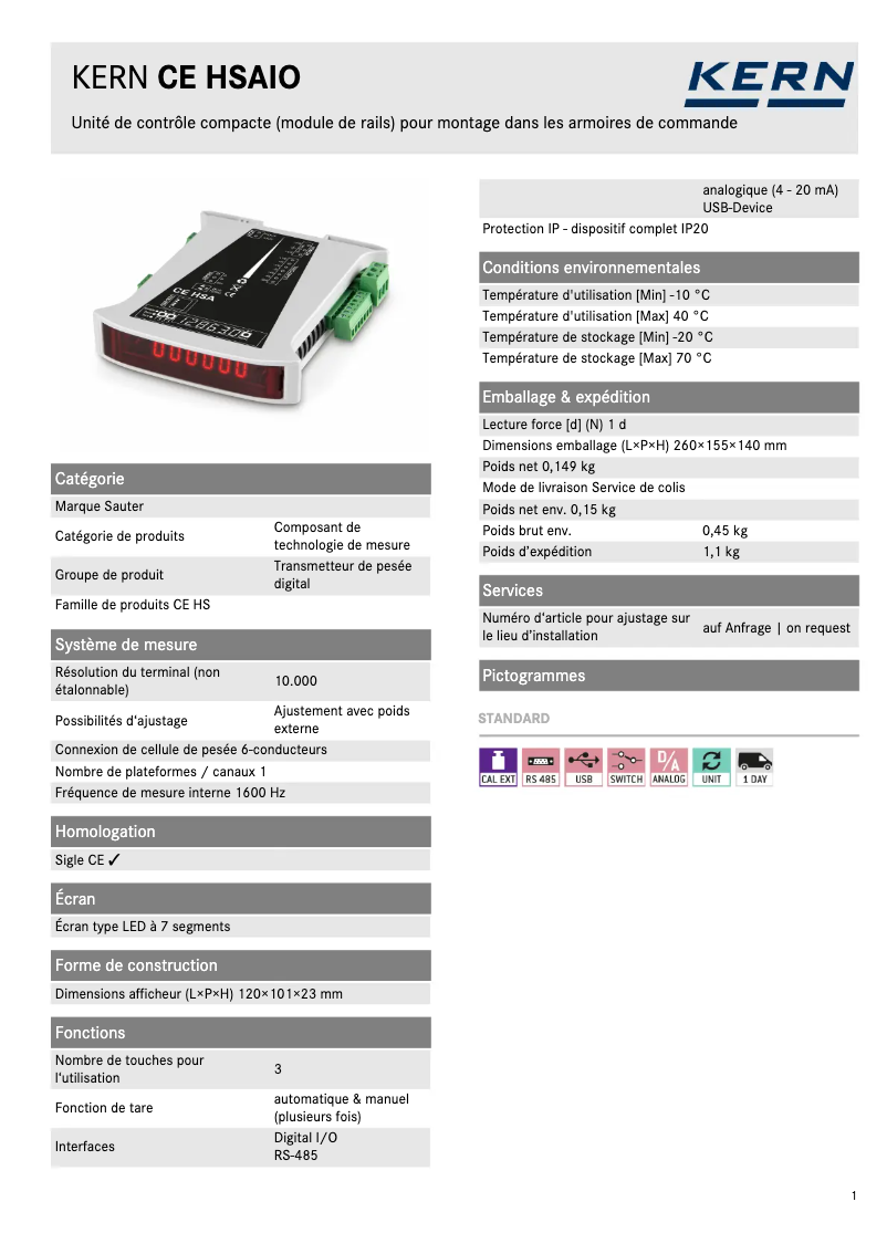 Page 1 of the manual Technical Sheet Kern CE HSAIO