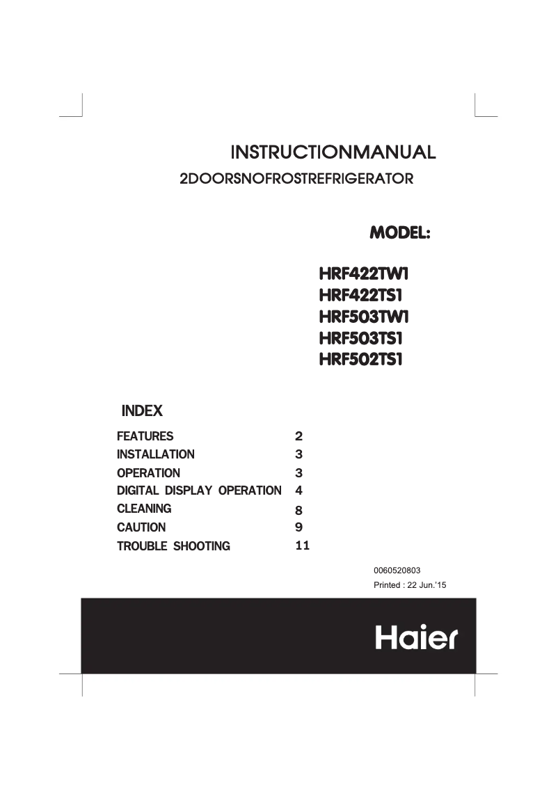 First page image of the manual for HRF503TW1