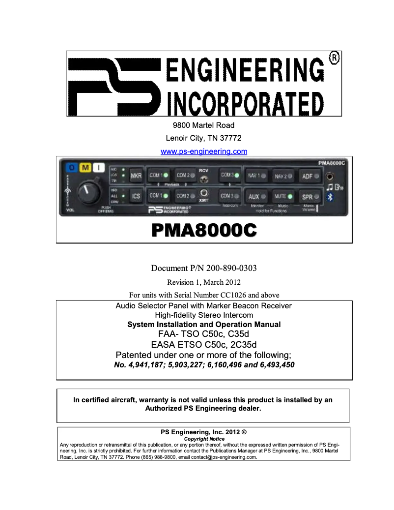 Page 1 of the manual User Manual PS Engineering PMA8000C